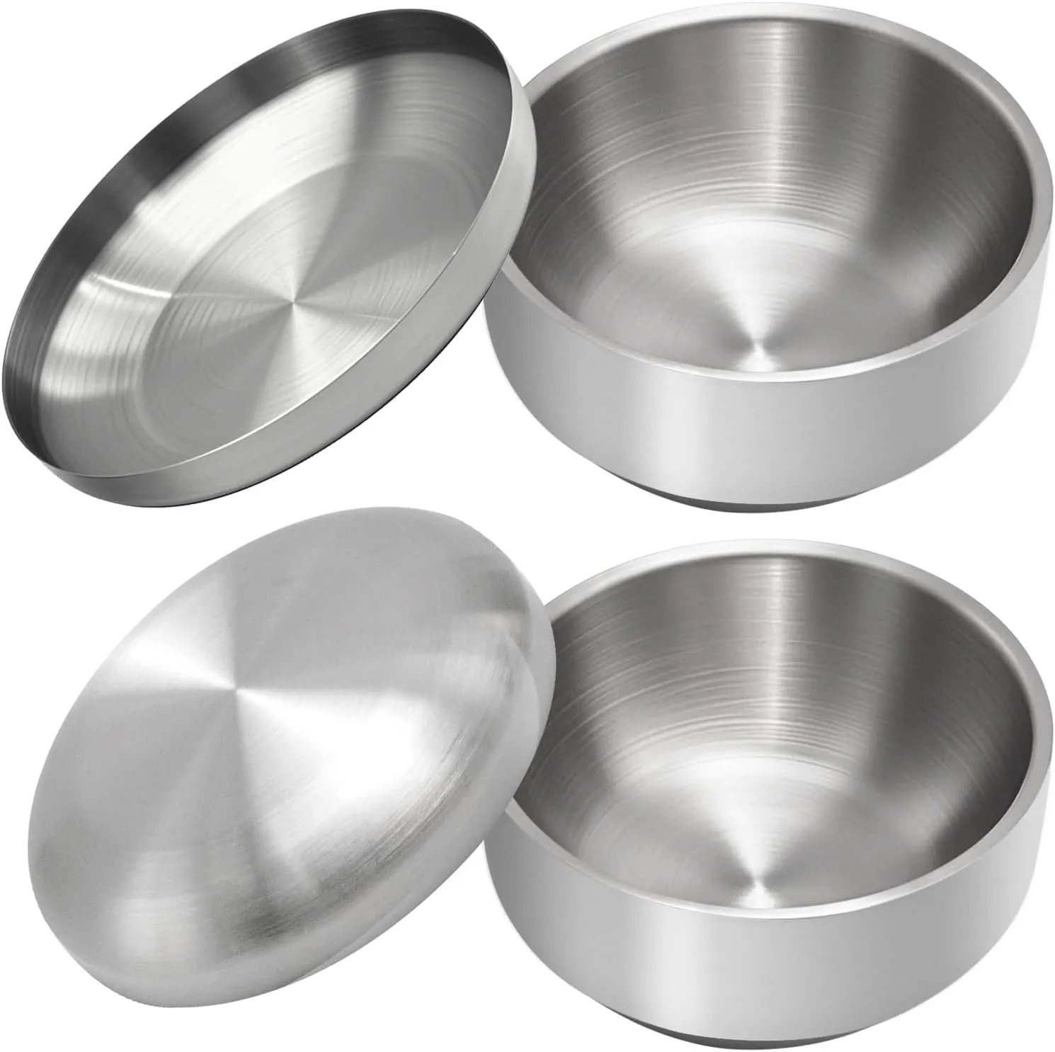 Stainless Steel Rice Bowl with Lid, Set of 2, for Korean Kitchen Restaurant, Double-walled Metal Bowls, Multi-Purpose Insulated Soup Bowls Snacks Bowls (13cm Silver)