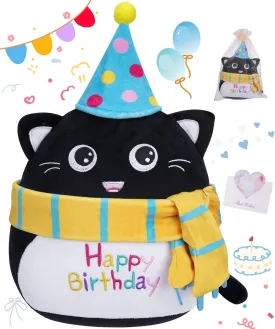 Stuffed Cat Birthday Plush Gift - Adorable Black Cat Stuffed Doll, Cute Birthday Hat and Scarf, Soft Huggable for Kids, Cute Decor, 8 Inch
