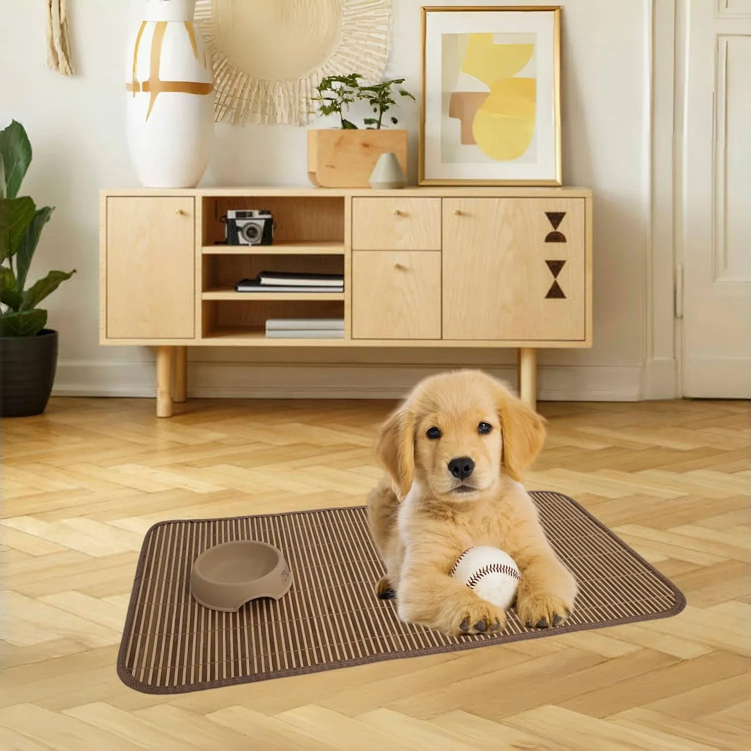 Summer Cooling Mat for Dogs & Cats, Double-Sided Bamboo Rattan Cool Mat, Self Cool Pet Sleep Mats, Anti-Tear & Bite-Proof (Large)