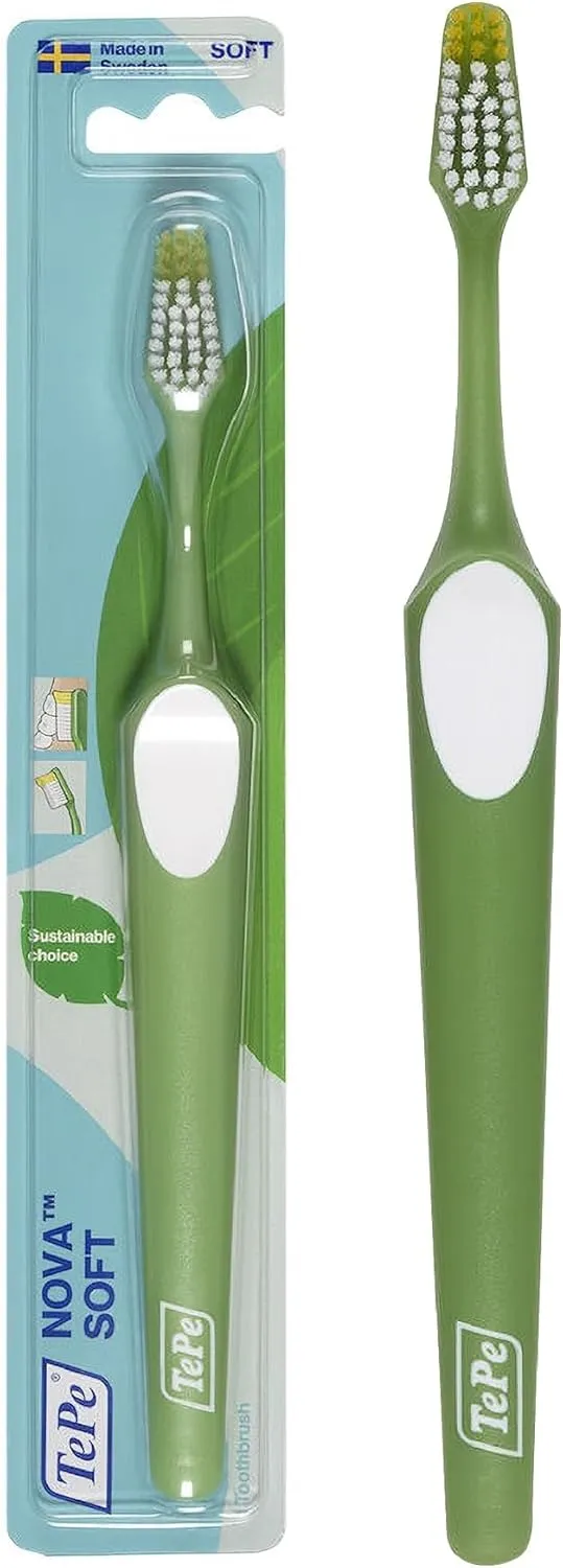 TePe Nova X-Soft Toothbrush for Adults with Tapered Head, Angled Neck, and Thumb Grip, Pack of 1