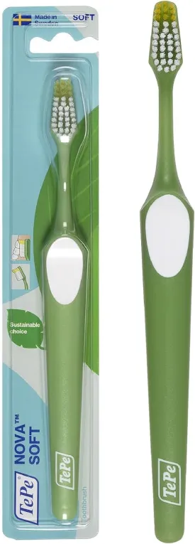 TePe Nova X-Soft Toothbrush for Adults with Tapered Head, Angled Neck, and Thumb Grip, Pack of 1