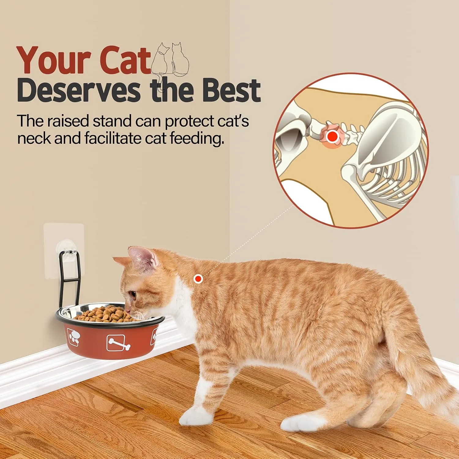 Torlam Elevated Cat Bowls, Wall Mounted Cat Food Dish, Raised Cat Food and Water Bowls, Stainless Steel Elevated Pet Bowls with Stand, Nonslip No Spill Pet Feeding Bowls (2 Packs) (Red)