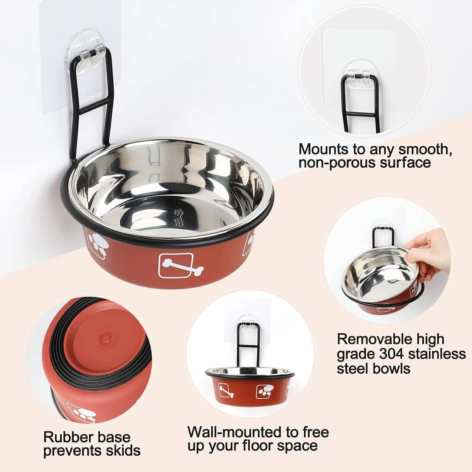 Torlam Elevated Cat Bowls, Wall Mounted Cat Food Dish, Raised Cat Food and Water Bowls, Stainless Steel Elevated Pet Bowls with Stand, Nonslip No Spill Pet Feeding Bowls (2 Packs) (Red)