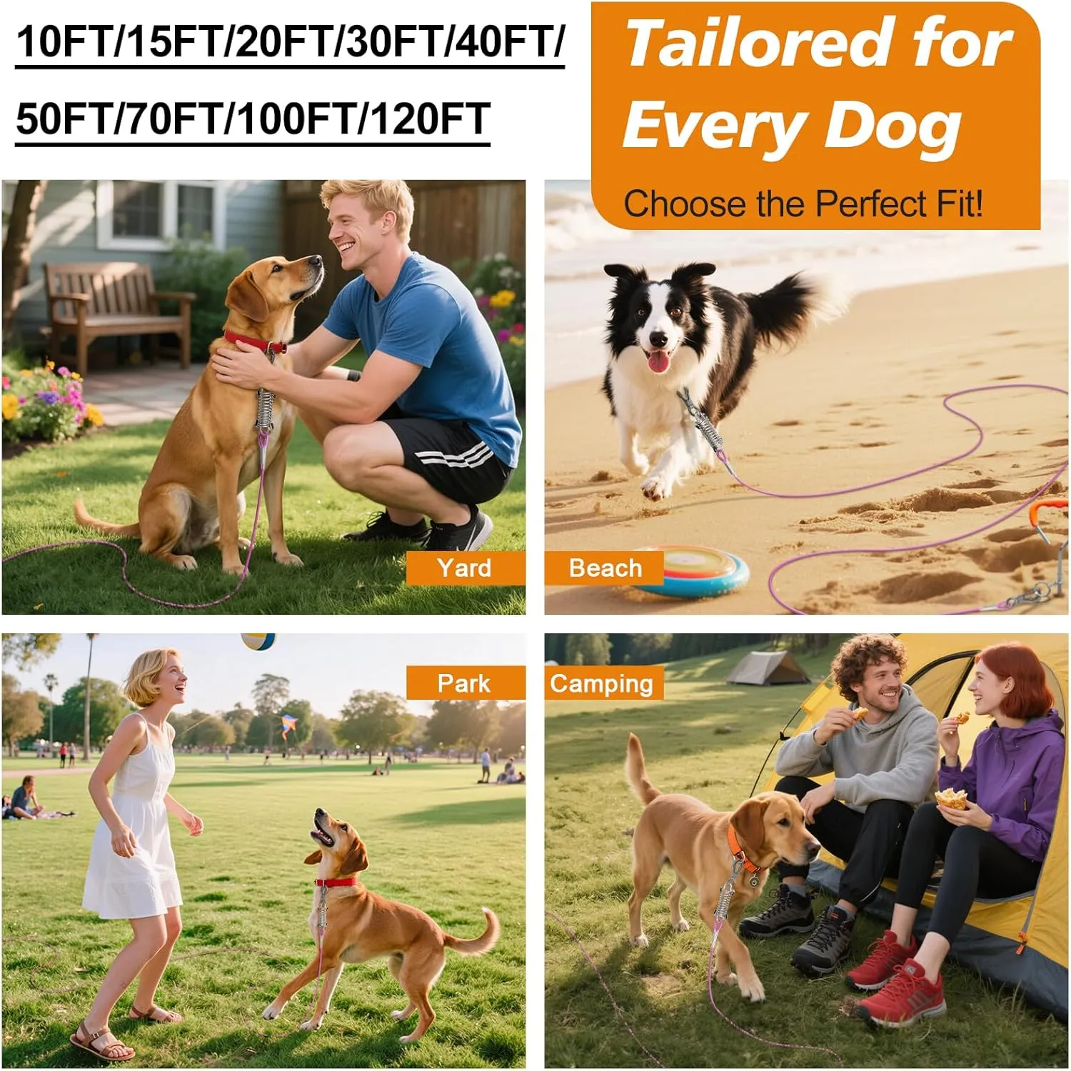 Tresbro Dog Tie Out Cable 50FT, Heavy Duty Runner Cable with Spring and Swivel Hook, Long Pet Leads for Yard, Outside Tether Chain for Medium Large Dogs Up to 500 LBS