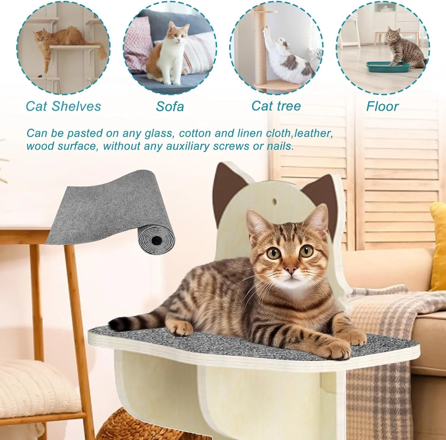 Trimmable Cat Scratching Post Carpet Covered 78.7x15.8 Self-Adhesive Cat Tree Shelves Replacement Parts Mat Cat Scratcher for Cat Tree Shelf Shelves Steps Couch Furniture DIY Protector
