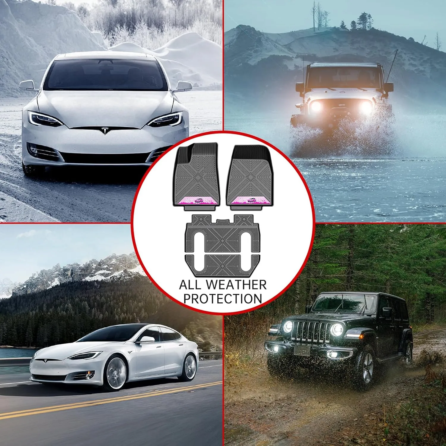 TYG Anti-Slip 6Pcs All-Weather Car Floor Mats for 2015-2020 Tesla Model X 6 Seater | Rubber Floor Liners for SUV with Weather Strips | Automotive Carpet for Winter, Ski, Hunting | Cool Stuff for Tesla