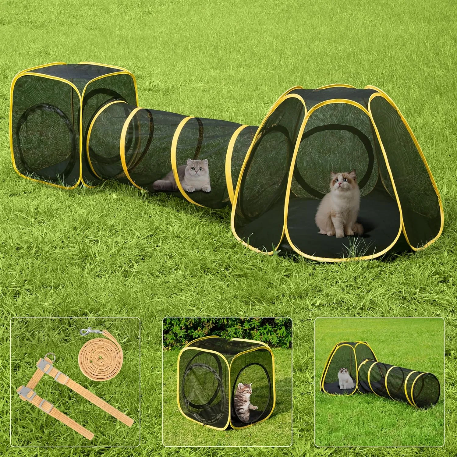 VIVOHOME 3-in-1 Portable Catio Outdoor Enclosure with Tent, Tunnel & Playhouse - Multi-Pet Safety Design for Cats Dogs Rabbits, Includes 5-Door, Leash, Mint Ball (Yard Balcony Camping)