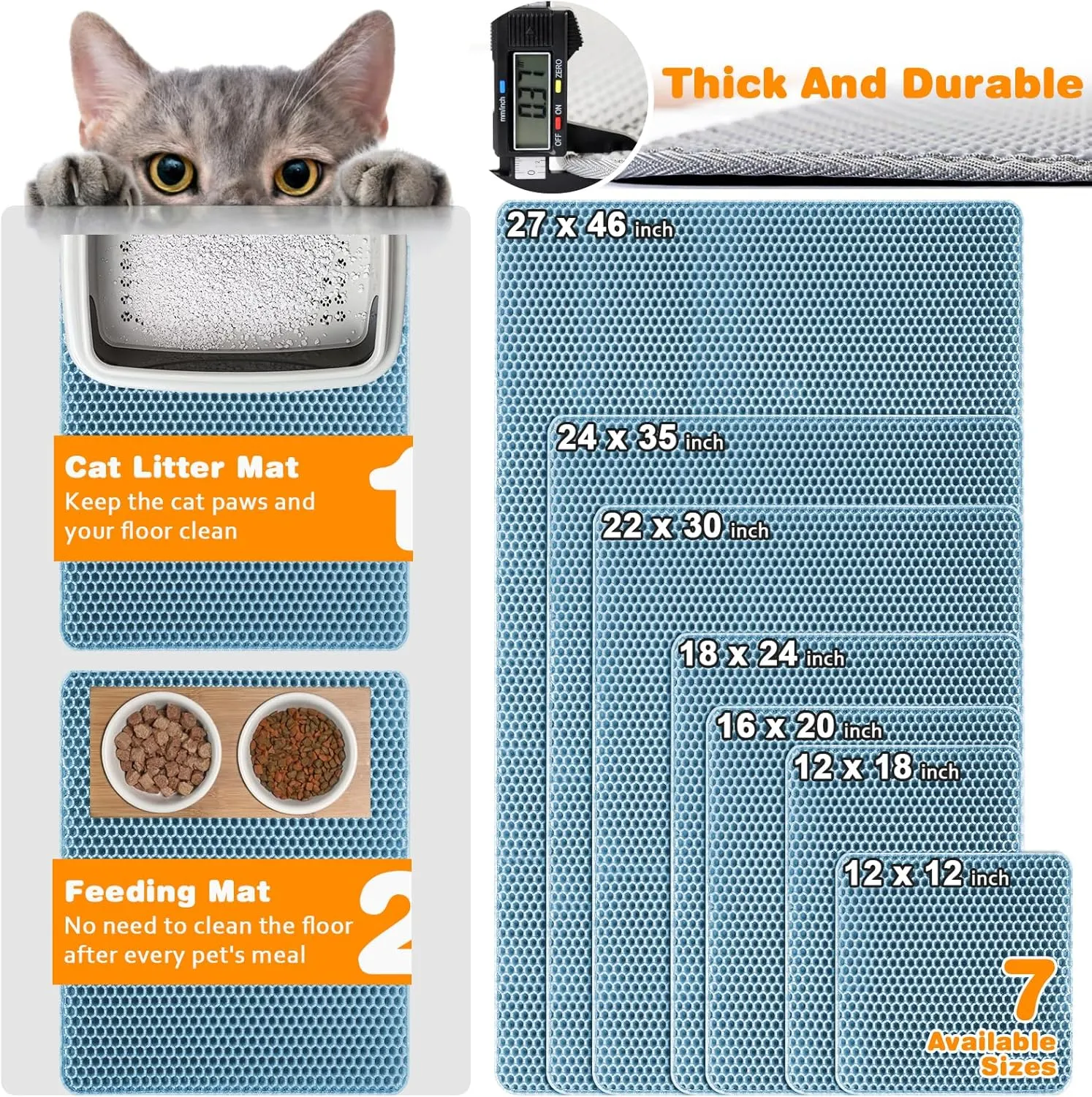 Waterproof Cat Litter Mat, Double Layer EVA, Odor-Free Large Grid, Urine Proof, Easy Cleanup (Blue, 12 x 18)