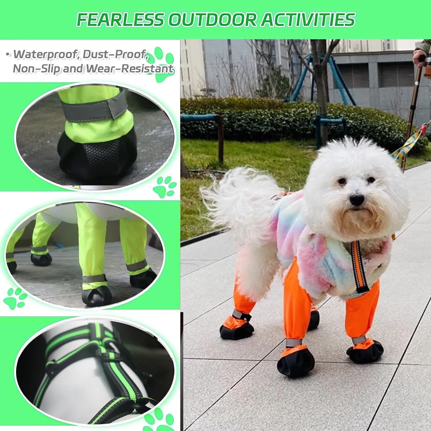 Waterproof Dog Boots, Anti-Slip Adjustable Dog Pet Paw Protectors, Reflective Dog Boots with Suspenders, Dirty-Proof Dog Shoes for Small Medium Large Dogs Outdoor Walking Running Hiking Green XL