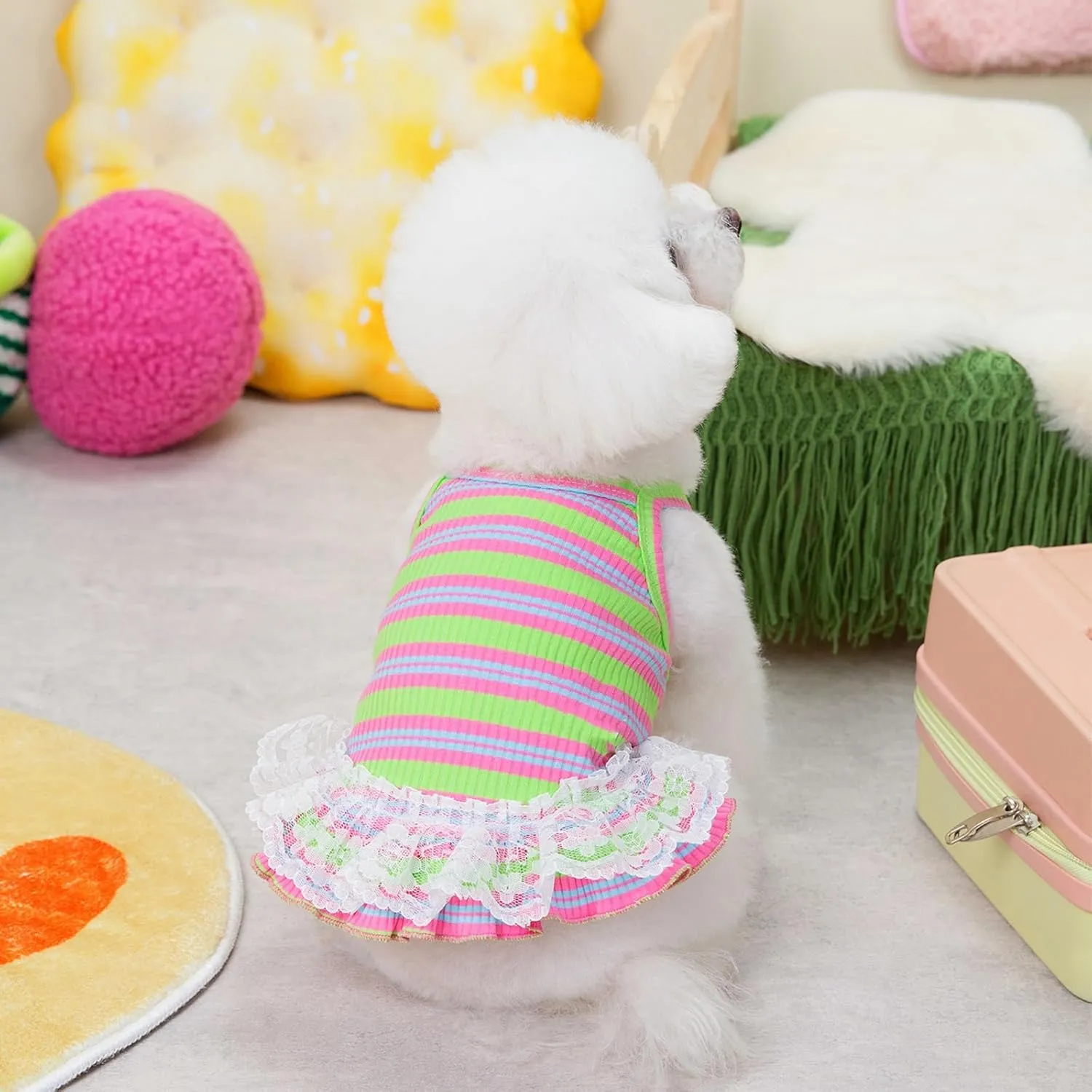 Winmany Dog Summer Clothes Puppy Sleeveless Striped Vest T-Shirt Pet Tutu Skirt Cat Dresses Suitable for Small Medium Cat Dog (Green, Small)