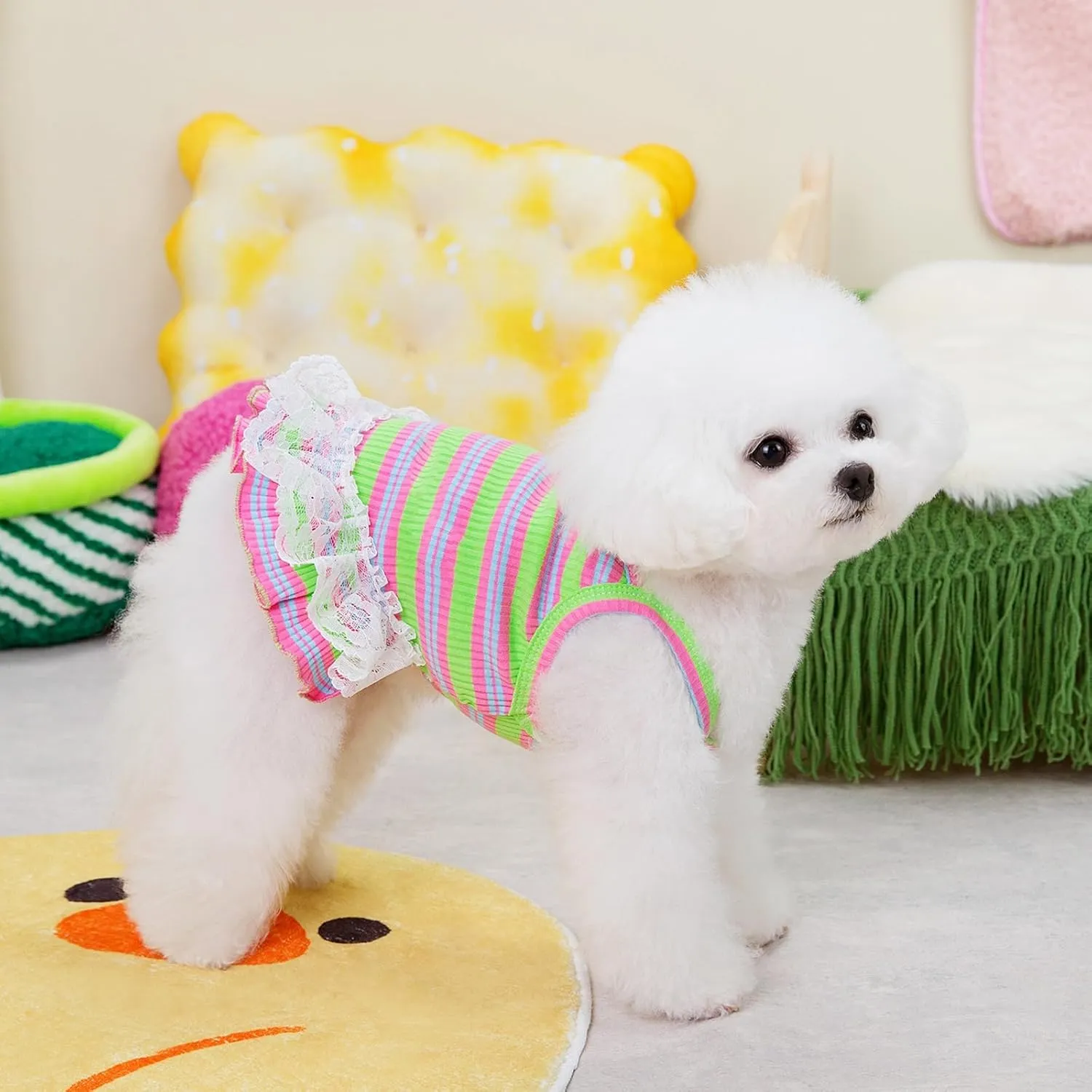 Winmany Dog Summer Clothes Puppy Sleeveless Striped Vest T-Shirt Pet Tutu Skirt Cat Dresses Suitable for Small Medium Cat Dog (Green, Small)