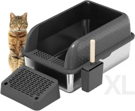 X Large Stainless Steel Cat Litter Box High Sided Covered Lid Enclosure Includes Litter Scoop with Holder Trapping Mat Essential Cat Supplies for Indoor Cats (Diamond Charcoal)