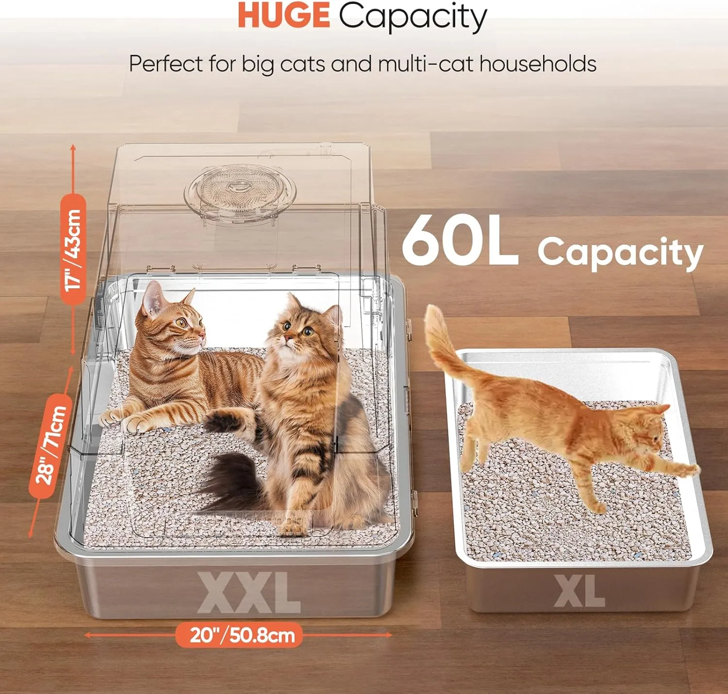 XXXL Stainless Steel Litter Box with Lid,XXXL Enclosed Metal Cat Litter Box for Big Cats,Multiple Cats,with Litter Scoop & Foot Pedal & Litter Mat,Odor Control,Easy Cleaning
